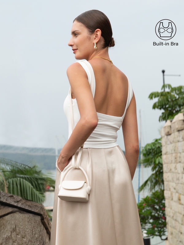 Slinky Square Open-Back Bra Tank Top In Elegant White With Built-In Bra